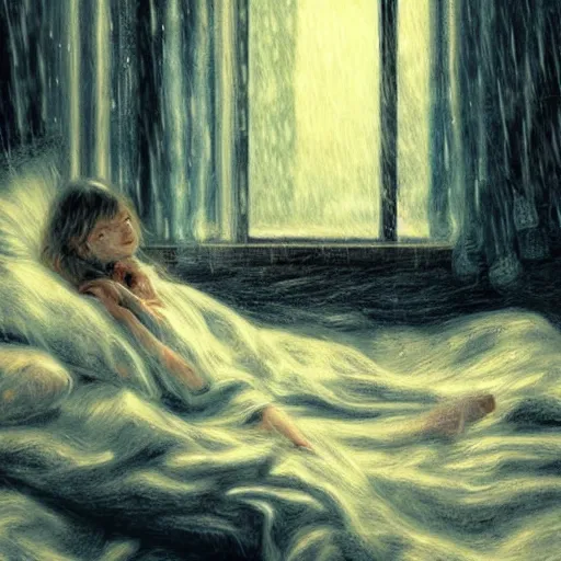 Image similar to on a rainy day, someone in home sits in bed, curled up under the covers, watching the rain outside the window, cinematic, artstation, extremely detailed, intricate, cinematic lighting, art by pierre - auguste renoir