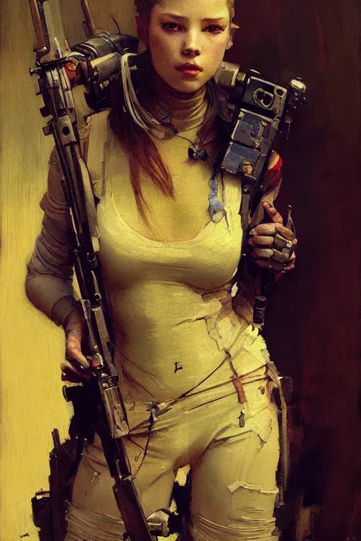 Prompt: portrait max mad cyberpunk, girl with a rifle character design, painting by gaston bussiere, katsuya terada, nc wyeth, greg rutkowski, craig mullins, vermeer, frank frazetta, tom of finland, trending on artstation, jeffery catherine jones