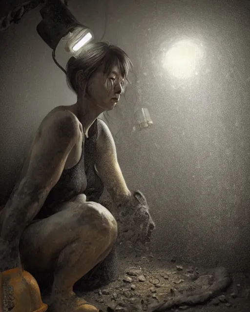 Image similar to a coalminer woman covered in coal dust in a mine lit by kerosene lamps, sweaty and gross pioneer work, atmospheric lighting, detailed body and face, by makoto shinkai, stanley artgerm lau, wlop, rossdraws