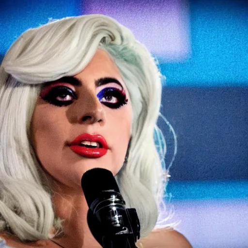 Image similar to Lady Gaga as president, Argentina presidential rally, Argentine flags behind, bokeh, giving a speech, detailed face, Argentina