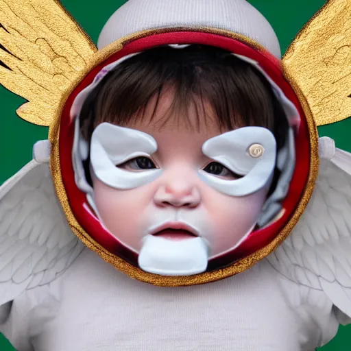 Image similar to a high tech 3 d rendering of a a baby cherub angel wearing a balaclava face mask, ski mask, face covered, covered face, fixed eyes, gucci, supreme, chanel, tattoos, multiple gold cuban chain necklace, graffiti in background, cinema 4 d, very detailed, clear, render