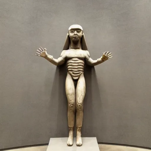 Image similar to futuristic ancient astronaut arrived through a portal, welcoming the humanity, ancient statue in museum