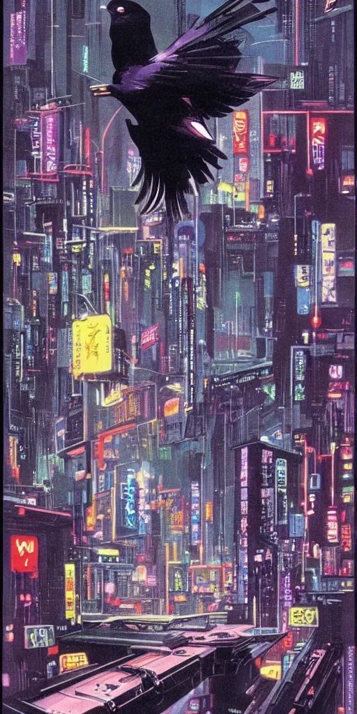 Image similar to 1979 OMNI Magazine Cover of a raven in neo-Tokyo in cyberpunk style by Vincent Di Fate