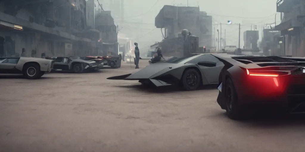 Image similar to A cinematic film still of a Lamborghini in the movie Blade Runner: 2049.