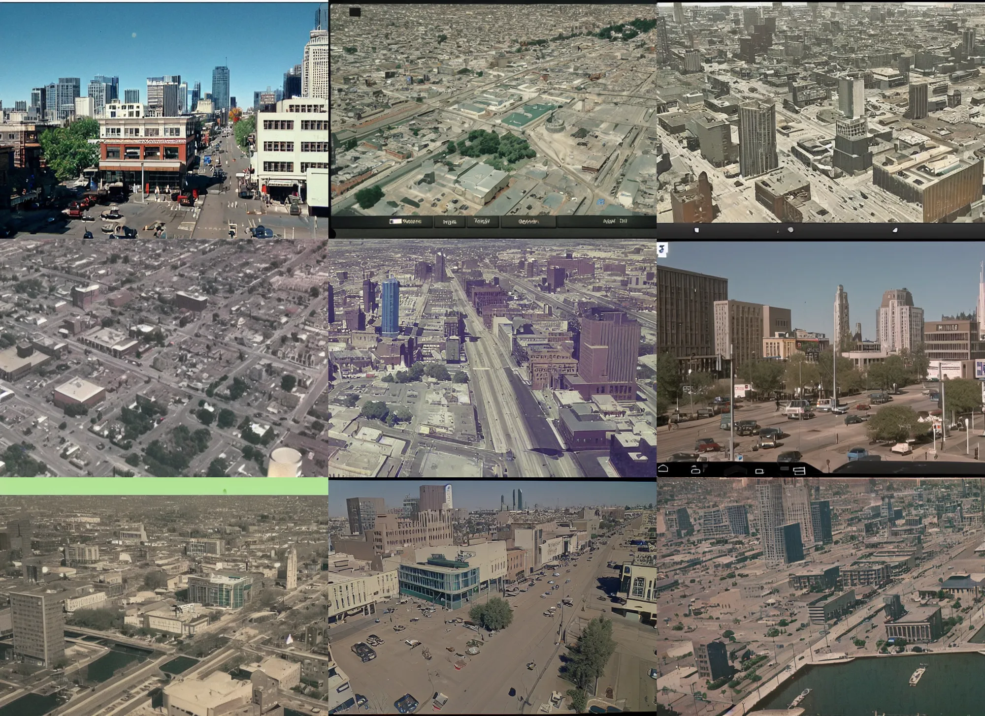 Prompt: google streetview screenshot of downtown in color from 1 9 6 7