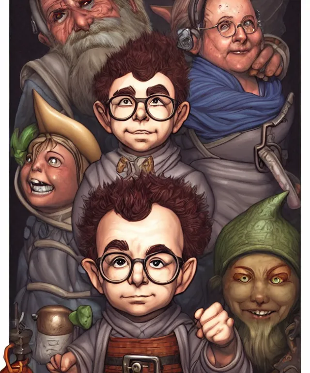 Prompt: a ( fantasy comic ) ( cover art ) portrait of a gnome tinkerer who looks like ( rick moranis ), digital illustration by jenny frison and sana takeda and kentaro miura, fine inking lines, dnd, highly detailed!, hd, 4 k, trending on artstation