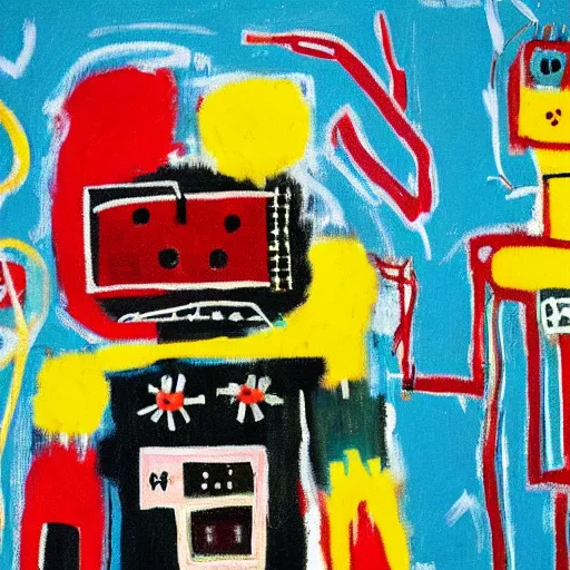 Image similar to a little robot lying in a flower field, painted by basquiat