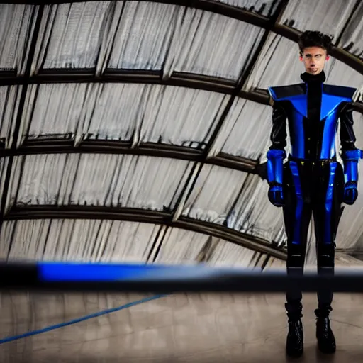 Image similar to low angle upper view of Austin Butler dressed in dark-blue-futuristic-baroque duelist-garb and carbon-armor, standing in an arena, XF IQ4, f/1.4, ISO 200, 1/160s, 8K, RAW, unedited, symmetrical balance, face in-frame