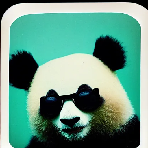 Prompt: grainy head to shoulder portrait polaroid film photograph of a panda in a mall wearing aviator shades. plain teal background with polkadots. super resolution. surreal. extremely detailed. polaroid 6 0 0 film. by annie leibovitz and richard avedon