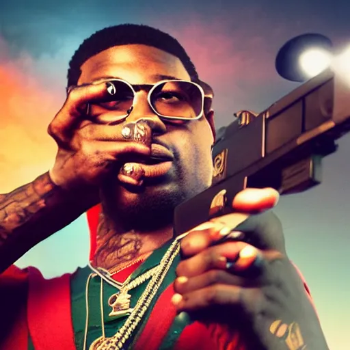 Image similar to angry gucci mane shooting and terrorizing people in the hood, 8k resolution, full HD, cinematic lighting, award winning, anatomically correct