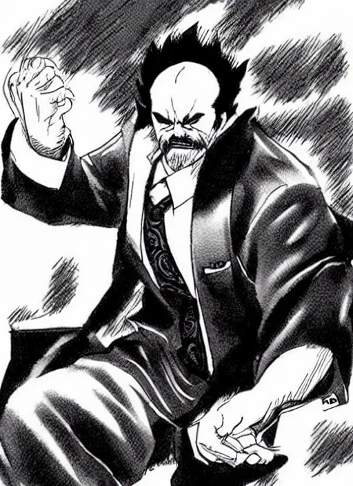 Prompt: heihachi dressed formally, smoking a cigar in the style of keisuke itagaki, manga illustration