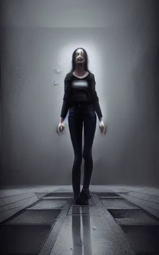 Prompt: ground fullbody shot moody photo behind a woman with black hair and dark gray clothes looking at herself in a full body mirror on the wall by Bastien Lecouffe-Deharme 8k artstation cinematic dramatic lighting