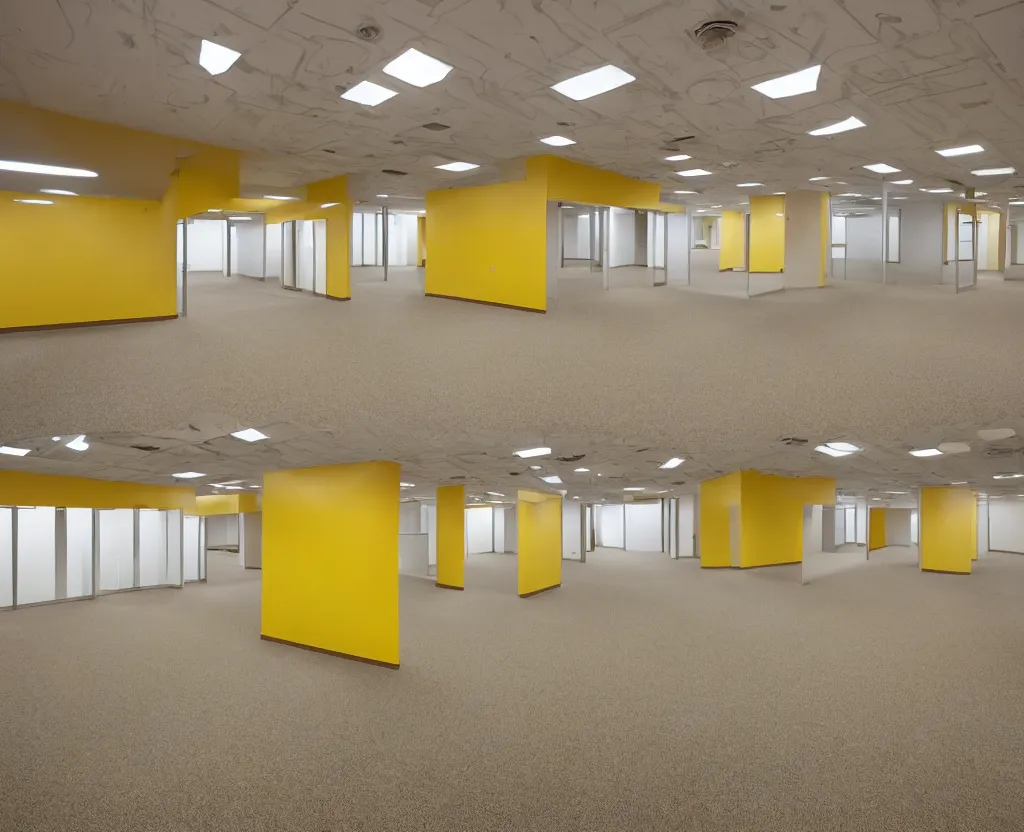 Image similar to empty 9 0 s office building with no windows doors or furniture the building has brown carpet and yellow wallpaper