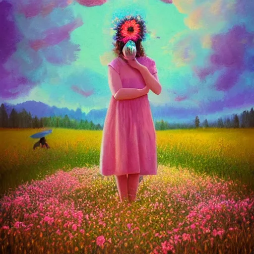 Image similar to girl with one blooming flower as a face, surreal photography, dream, standing in flower field, hills, big trees, sunrise dramatic light, impressionist painting, colorful clouds, digital painting, pointillism, artstation, simon stalenhag, flower face