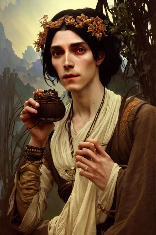 Image similar to ultra realistic, thin man in peasant clothes, black hair, brown eyes, occult jewelry, fantasy, intricate details, eerie, highly detailed, octane render, 8 k, art by artgerm and alphonse mucha and greg rutkowski