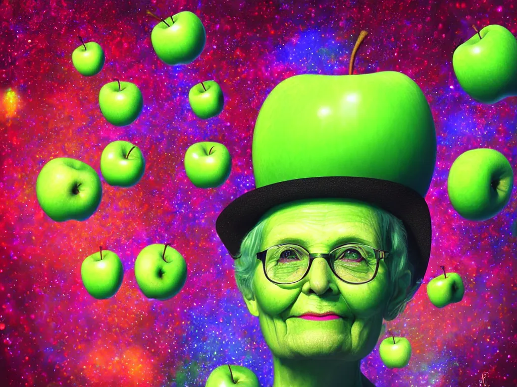 Image similar to Psychedelic portrait of a Granny Smith apple with google eyes floating in space wearing a top hat , volumetric lighting, artstation, digital painting, very high detail, hyperrealistic, vivid color