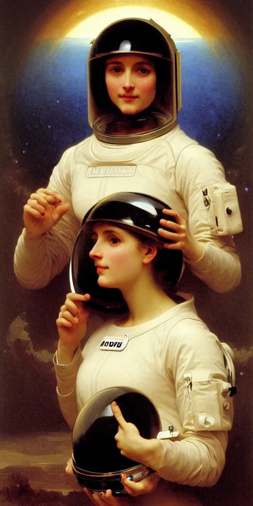 Image similar to portrait of a woman in astronaut helmet an ancient human specie, by bouguereau