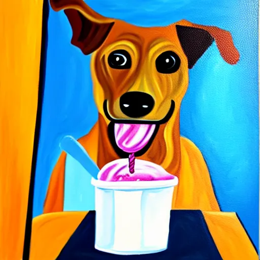 Image similar to painting of a dog eating ice cream