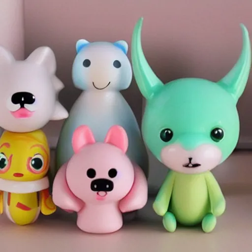 Image similar to some cute plastic toys that look like animal characters, pastel colors