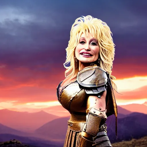 Image similar to Dolly Parton as a leading warrior, wearing Spartan leather armor, cinematic, photography, promotional advertising, rocky mountain range, sunset background