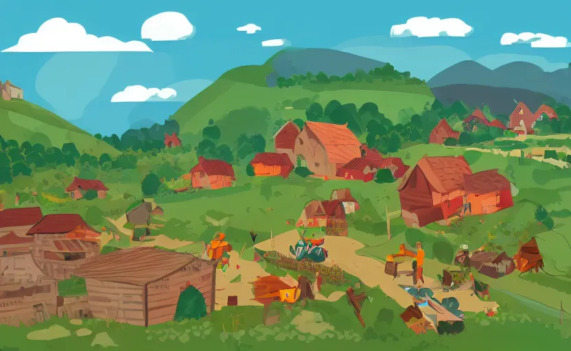 Image similar to some villagers busy farming in a small village in a valley, a dragon approaching from a distance, vector, storybook, complimentary colors, gouache, flat, sharp edges, concept art, print