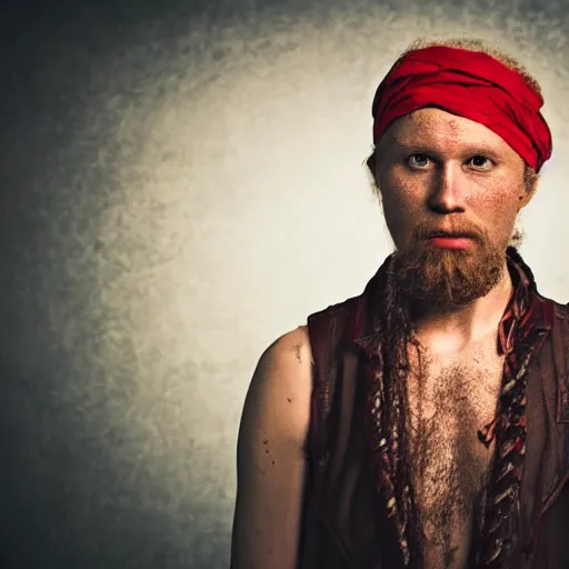 Prompt: photo portrait of an rugged albino african pirate with a red headband | brown brown!!!!! vest | young adult, thin blonde mustache thin beard, big afro blonde hair, stern face, rugged and dirty, cinematic lighting at sundawn, movie color grading