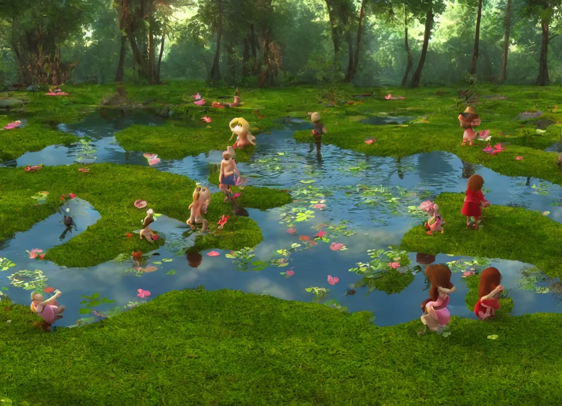 Prompt: kids playing around pond lake in forest, sunlight. daylight, butterflies, swan, stones, moss, 3 d animation pixar