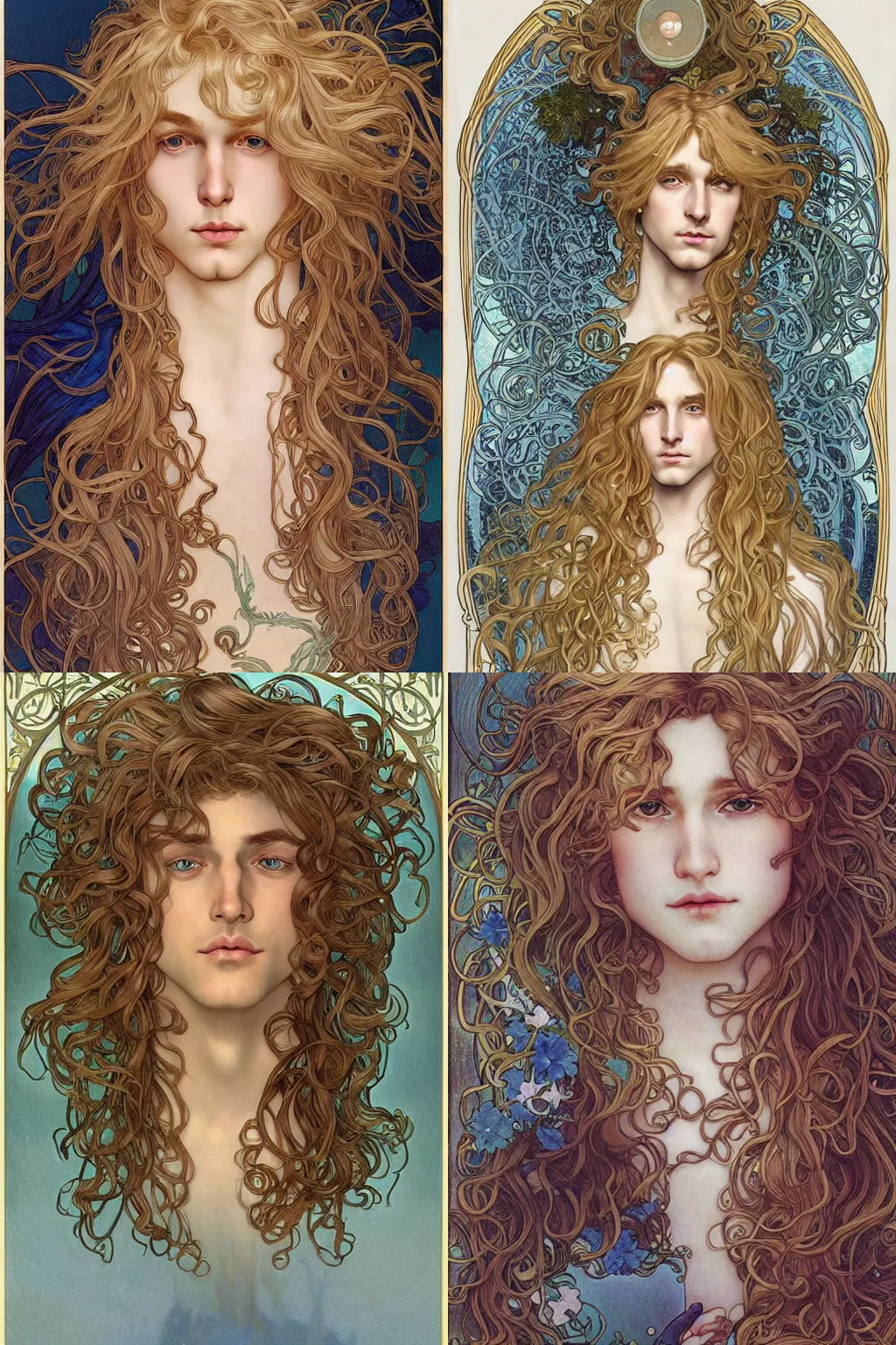 Prompt: realistic detailed face portrait of merman blond androgynous prince Lucius, long fluffy curly blond hair, very very very very curly light blond hair, by Alphonse Mucha, Ayami Kojima, Amano, Charlie Bowater, Karol Bak, Greg Hildebrandt, Jean Delville, and Mark Brooks, Art Nouveau, Neo-Gothic, gothic, rich scintillating bright white gold colors