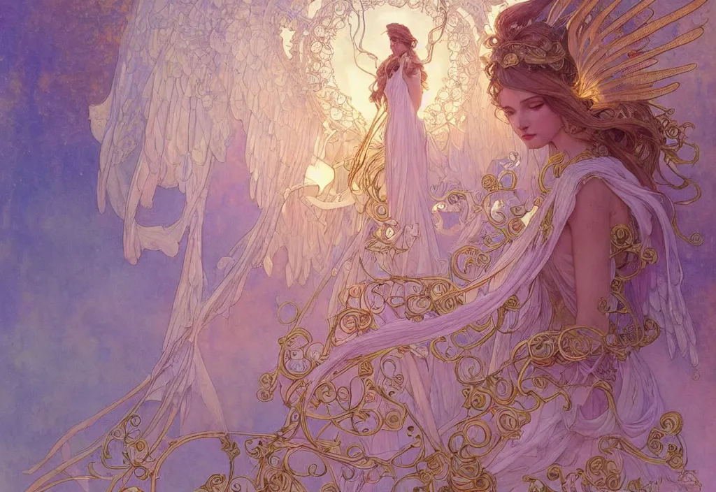 Image similar to an angel, highly detailed, very intricate, art nouveau, gold filigree, romantic storybook fantasy, soft cinematic lighting, award - winning, disney concept art watercolor illustration by mandy jurgens and alphonse mucha and alena aenami, pastel color palette, featured on artstation