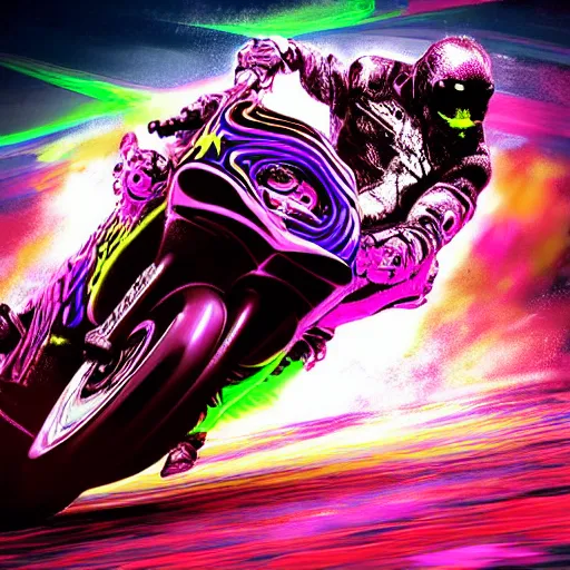 Image similar to psychedelic blacklight neon airbrush artwork, motorcycle, hyper stylized cinematic action shot of an orc racing on a motorcycle, motogp, menacing orc, drifting, skidding, popping a wheelie, clear focused details, soft airbrushed artwork, black background, post apocalypse, cgsociety, artstation, peter lloyd art, peter palombi art