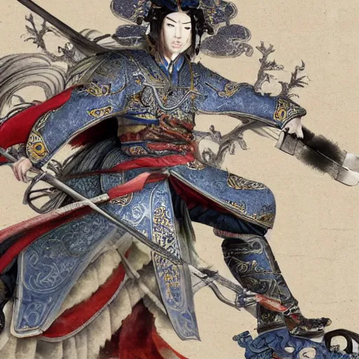 Image similar to dynamic composition, motion, ultra-detailed, incredibly detailed, a lot of details, amazing fine details and brush strokes, colorful and grayish palette, smooth, HD semirealistic anime CG concept art digital painting, watercolor oil painting of a Tang Ming dynasty chinese tao fantasy general wearing armor, from Three Kingdoms, by a Chinese artist at ArtStation, by Huang Guangjian, Fenghua Zhong, Ruan Jia, Xin Jin and Wei Chang. Realistic artwork of a Chinese videogame, gradients, gentle an harmonic grayish colors.