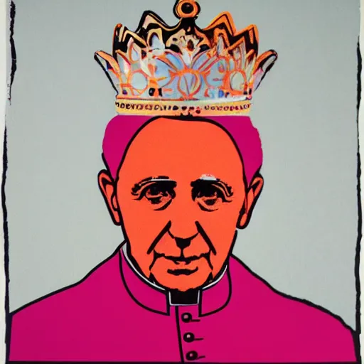 Image similar to portrait of pope benedict xvi wearing tiara on the top of his head in the style of screen print by andy warhol. pop art