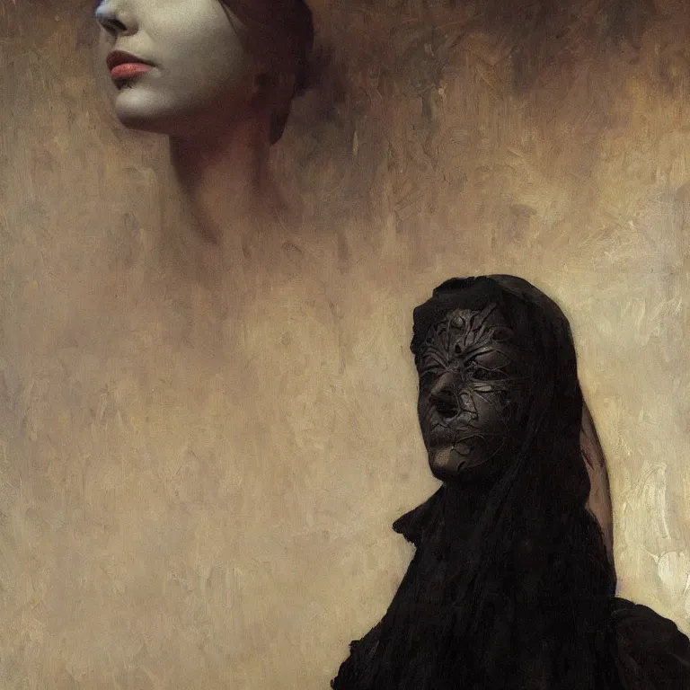 Image similar to The portrait of beautiful woman with closed eyes in steel full-face occult mask and black dress by Ilya Repin, William Blake, Michelangelo da Caravaggio and Beksinski, highly detailed oil painting, trending by artstation, dramatic volumetric lighting, fantasy character, 4k, masterpiece