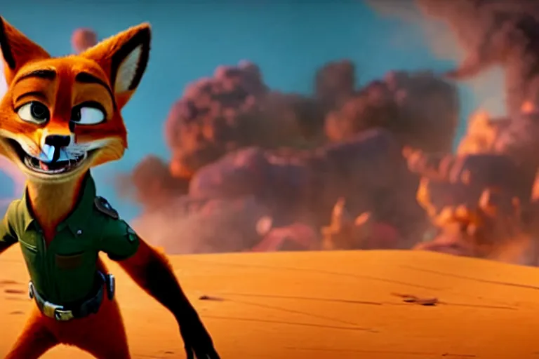 Image similar to nick wilde ( from zootopia ), heavily armed and armored facing down armageddon in a dark and gritty reboot from the makers of mad max : fury road : witness me