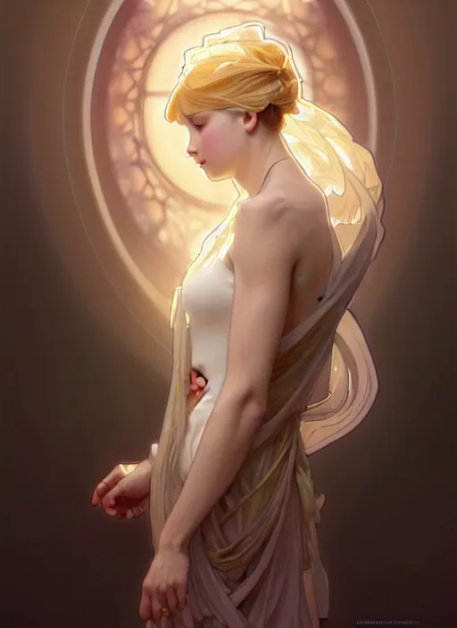 Image similar to digital character concept art by artgerm and greg rutkowski and alphonse mucha. clear portrait of a modern young wife blessed by god to unstoppably grow more perfect and fertile!! blonde, in clothes! feminine well - formed holy body!! light effect. hyper detailed, glowing lights!! intricate, elegant, digital painting, artstation, smooth, sharp focus