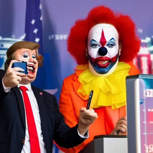 Prompt: a president with clown makeup taking a selfie in a podium next to an angry first minister