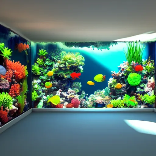 Image similar to realistic designed photo of the big modern room as aquarium with a beautiful fishes and corals, realistic colors, realistic shadows, daylight made by blender and cinema 4 d, 3 d