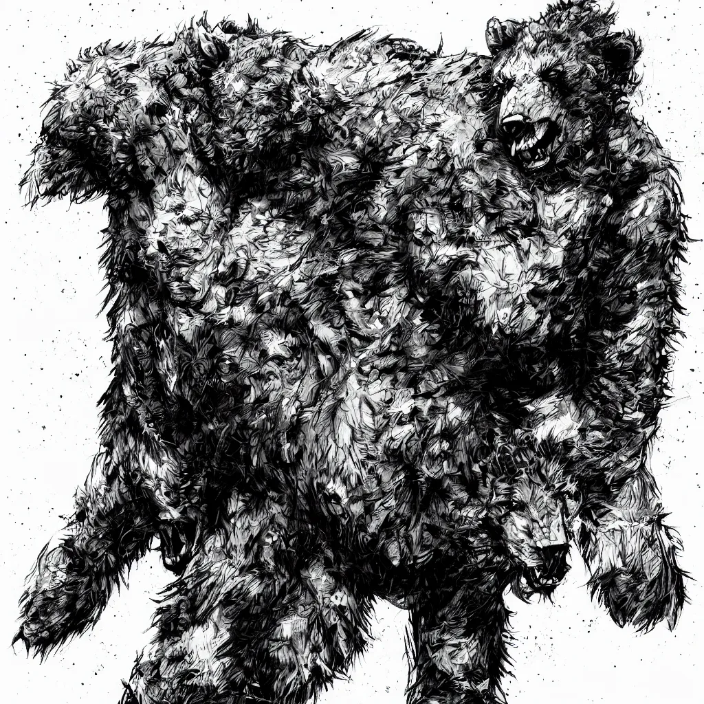 Prompt: large werebear in an alley, in the style of yoji shinkawa