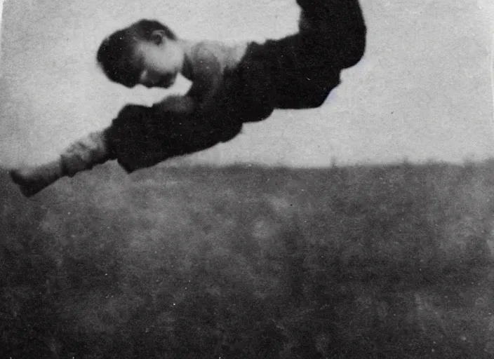 Prompt: an old worn photograph of a child in the distance floating upside - down