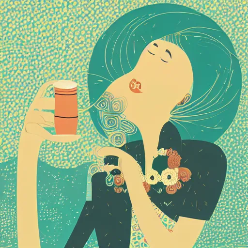 Image similar to illustration of a pretty girl having a cup of coffee, happy feeling, waking up, by malika favre and victo ngai