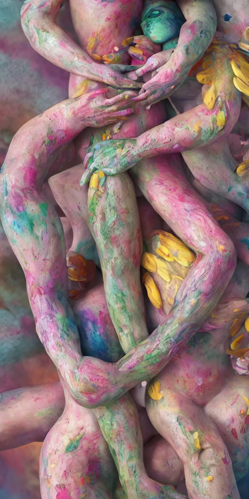 Image similar to closeup photograph of a surrealist sculpture human bodies intertwined, a lovely cornucopia of flowers and human body parts, body parts, paint pour, swirling paint, muted color palette, skin tones, highly detailed, octane render, cinematic