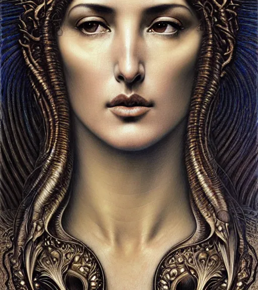 Image similar to detailed realistic beautiful young monica bellucci head and shoulders portrait by jean delville, gustave dore and marco mazzoni, art nouveau, symbolist, visionary, baroque, intricate fractal, maximalism. horizontal symmetry by zdzisław beksinski, iris van herpen, raymond swanland and alphonse mucha. highly detailed, hyper - real, beautiful