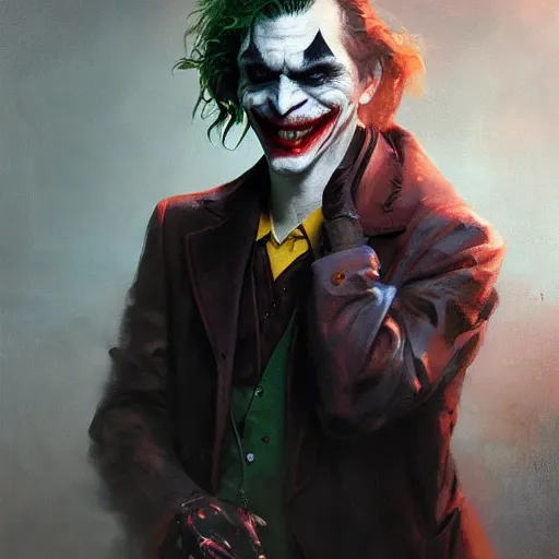 Image similar to joker, crazy face, hand covering face, paint by greg rutkowski