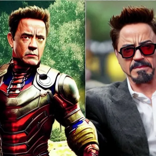 Image similar to a mortal kombat fight of tom hanks vs robert downey jr