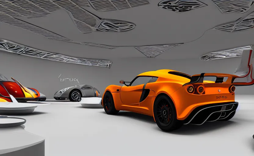 Prompt: futuristic lotus exige ( ( orange ) ) parked within interior view of futuristic auto showroom ( ( frank lloyd wright ) ) luminescent concept art, unreal engine 5, artstation highly detailed, digital art, 8 k hdr, soft lighting, hyperrealistic, godrays