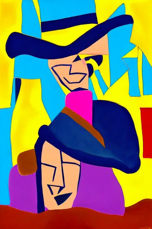 Prompt: a painting of a cowgirl wearing western clothing and cowboy boots, in the style of eileen agar, digital art