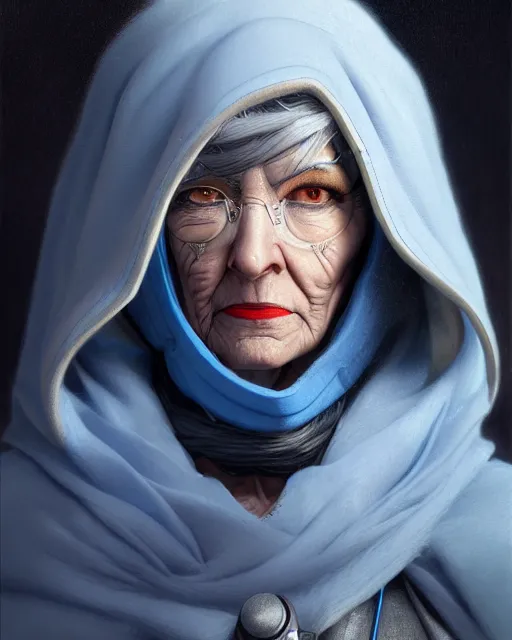 Image similar to ana from overwatch, older woman, gray hair, blue hooded cloak, character portrait, portrait, close up, highly detailed, intricate detail, amazing detail, sharp focus, vintage fantasy art, vintage sci - fi art, radiant light, caustics, by boris vallejo