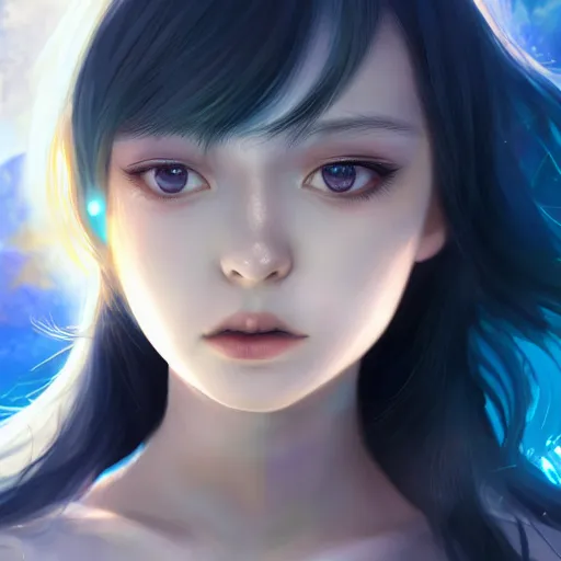 Prompt: advanced digital portrait painting photograph, a anime girl traversing liminal space, full body, very long black hair, azure blue watery eyes, full round face, cinematic lighting, medium shot, mid-shot, highly detailed, trending on artstation, Unreal Engine 4k, Stanley Artgerm Lau, WLOP, Rossdraws, James Jean, Andrei Riabovitchev, Marc Simonetti, and Sakimichan