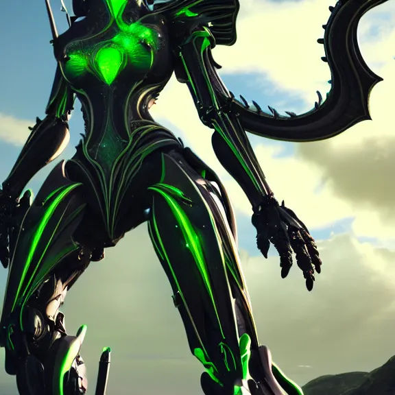 Image similar to extremely detailed giantess shot, close front shot, of a detailed stunning female warframe, that's a giant beautiful stunning anthropomorphic robot female dragon, 300 feet tall, standing majestically on a mountain, elegant pose, robot dragon claws, streamlined glowing green armor, detailed sharp metal claws, thick warframe robot legs, long elegant tail, detailed warframe fanart, destiny fanart, high quality digital art, giantess art, furry art, warframe art, Destiny art, furaffinity, DeviantArt, artstation, 8k HD, octane render