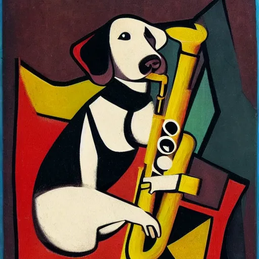 Prompt: dog playing the saxophone, sitting on the couch, medieval portrait, cubism